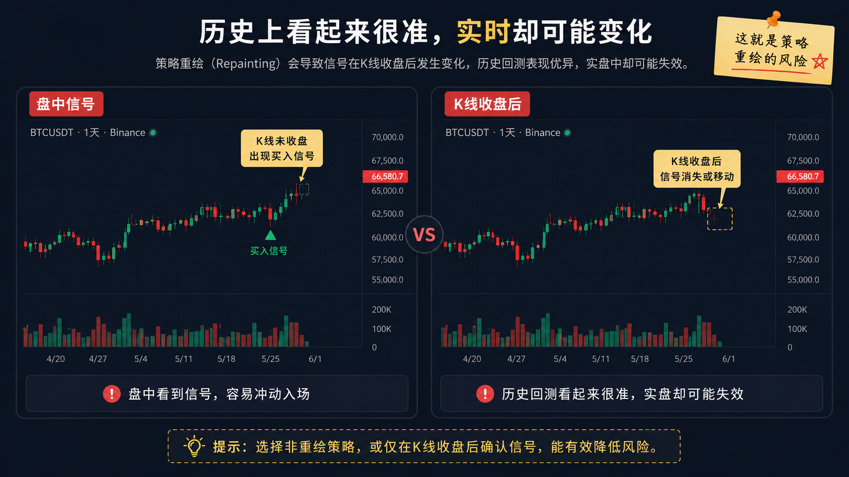 策略重绘示意：盘中出现买入信号，K 线收盘后信号消失