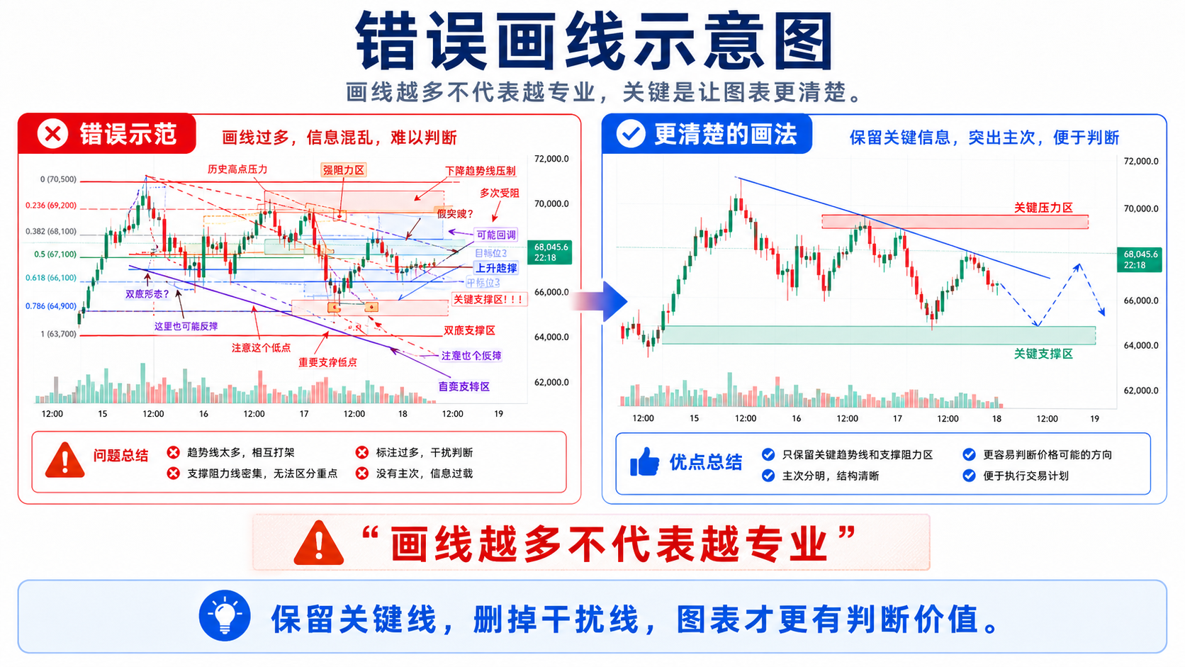 错误画线示意：满屏趋势线和支撑压力导致图表混乱