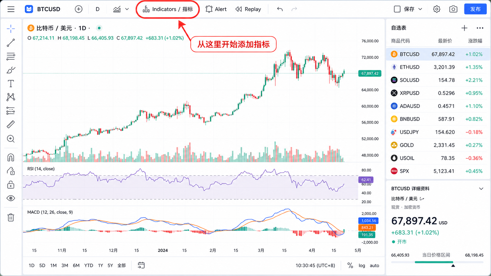 TradingView 图表顶部 Indicators 指标菜单入口位置